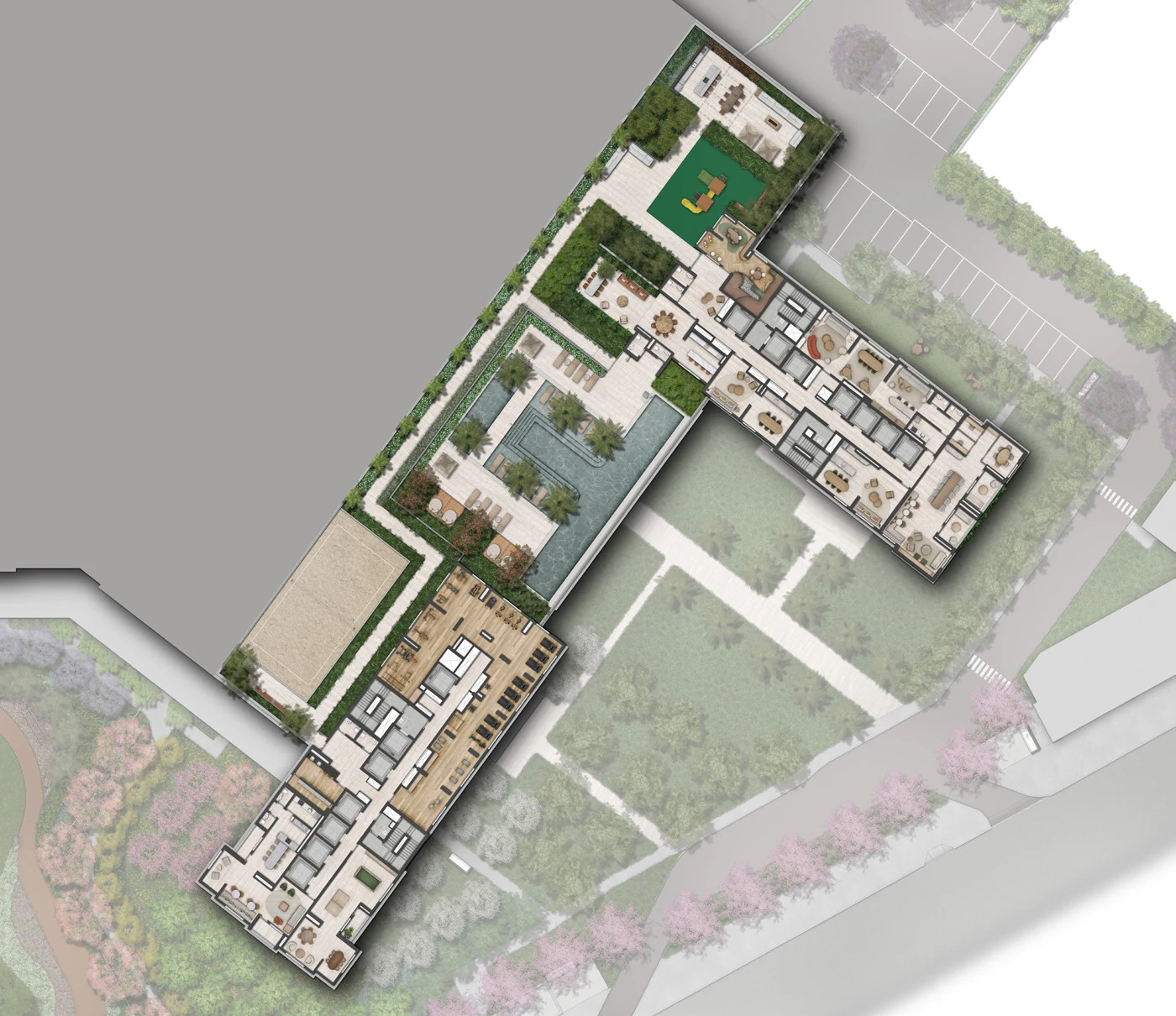 Implantação do 4º pavimento — ilustração artística sem escala — Jardim da Hípica Apartments
