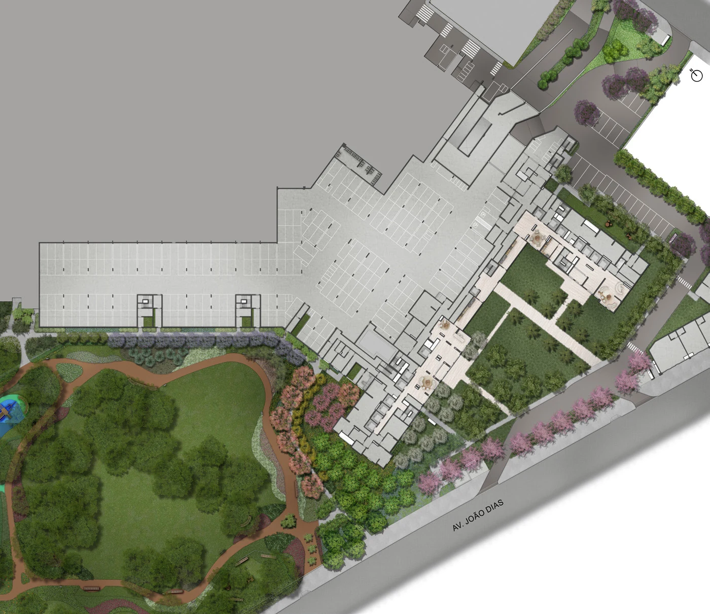 Implantação do térreo — ilustração artística sem escala — Jardim da Hípica Apartments