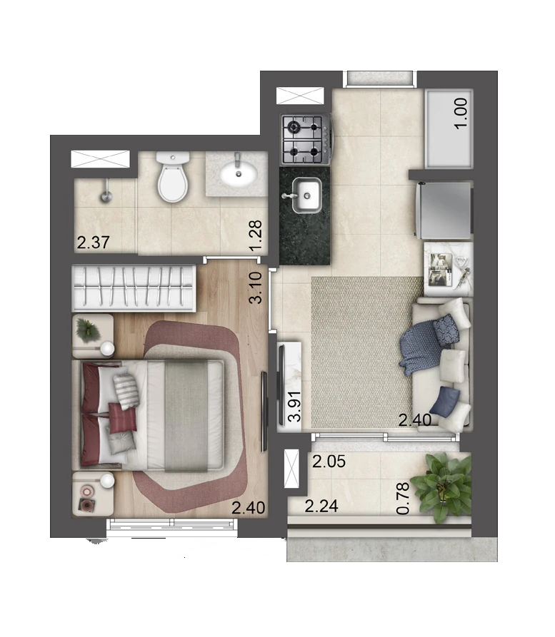 Planta Torre E · Final 11 — 27,07 m², 1 dormitório