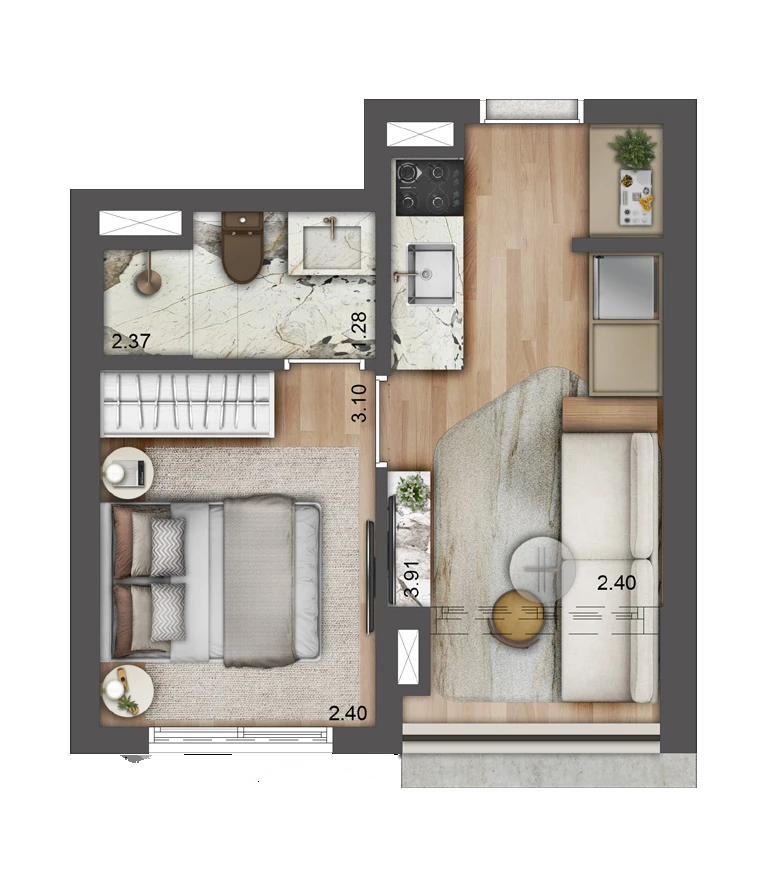 Planta Torre E · Final 11 — 27,07 m², 1 dormitório · opção