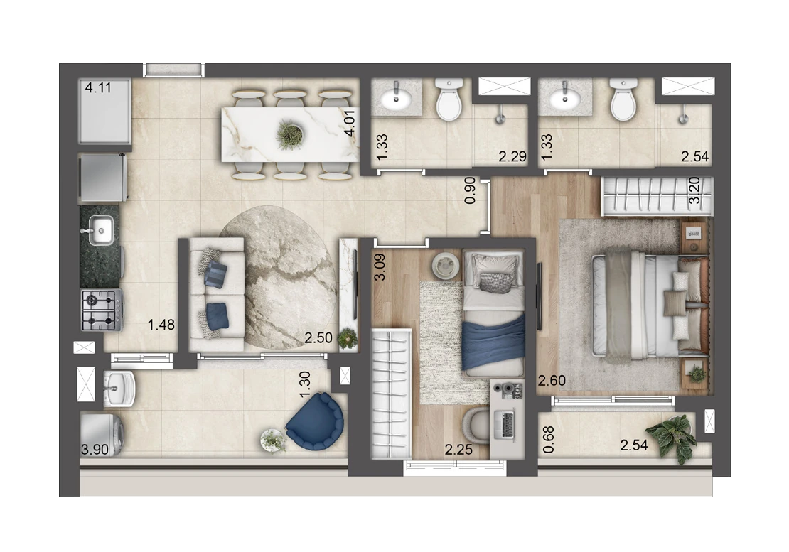 Planta Torre E · Final 15 — 57,07 m², 2 dormitórios (1 suíte)